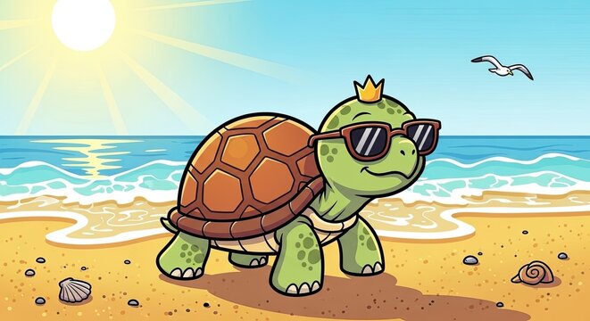 Cartoon turtle on sunny beach vacation.