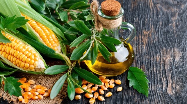 Fresh corn cobs and golden oil in a glass bottle on a rustic wooden table