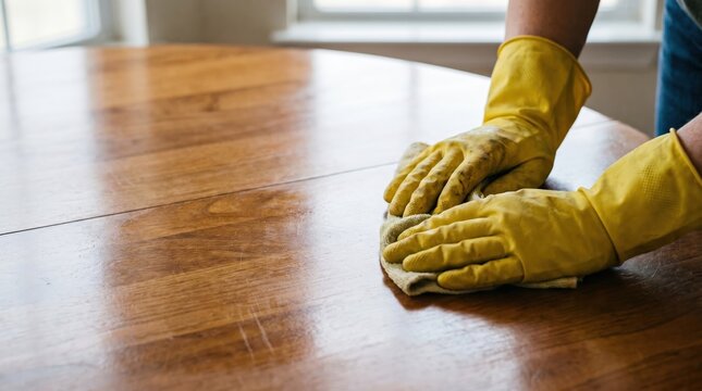 Close up of an adult wearing yellow rubber gloves polishing a wooden dining table with a cloth, OCD deep cleaning at home.