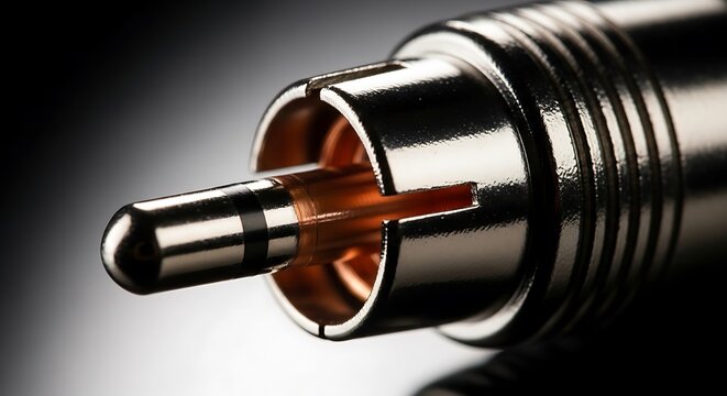 Close up view of a metallic rca audio video plug connector for analog electronic media connection. RCA audio connector