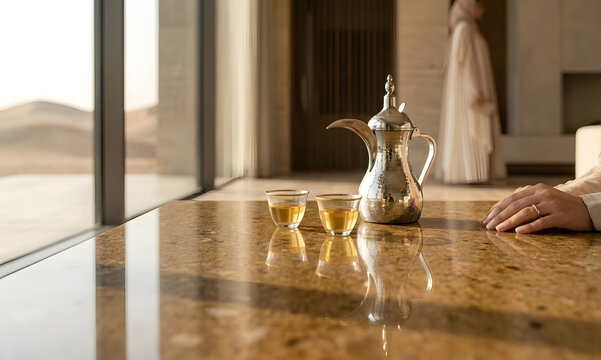 Traditional Arabic coffee set on travertine table in luxury villa