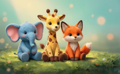 Obraz premium Three plush animals elephant giraffe fox sit together on a grassy