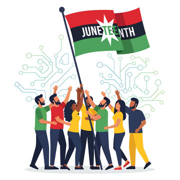 Diverse Group of People Raising Juneteenth Flag Flat Vector Illustration