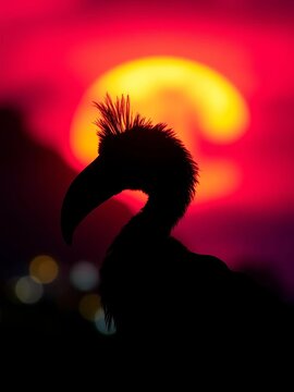 Ghostly dodo silhouette against an impossibly saturated sunset over Mauritius, its hooked beak sharp against the blurred, fiery sky,  wide angle,  tropical