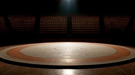 Obraz premium Empty Wrestling Mat Under Dramatic Spotlight in Darkened Sports Arena