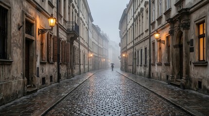 Fototapeta premium Misty morning street in a historic town with wet cobblestones