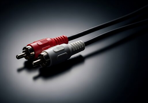 Red and white rca audio cables with black wires for stereo sound connection on a dark surface view. RCA audio connector