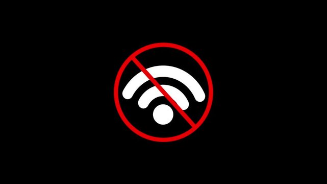 No wi fi signal icon animated on a black background, No Internet Connection NO Wifi Connection Not Available Animated Icon Sign, No WiFi Prohibition Symbol, with 4k video animation.