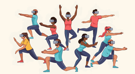 Fototapeta premium Diverse people exercising in virtual reality. Group wearing VR headsets performing various fitness poses for an immersive digital workout experience.