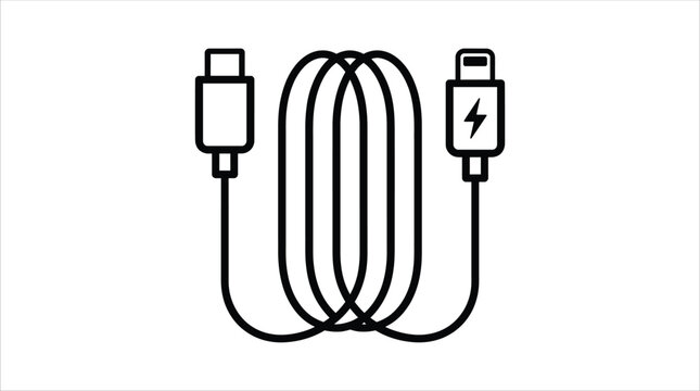 Minimalist USB-C to lightning charging cable vector icon, coiled mobile phone power cord illustration, black line art smartphone data transfer wire