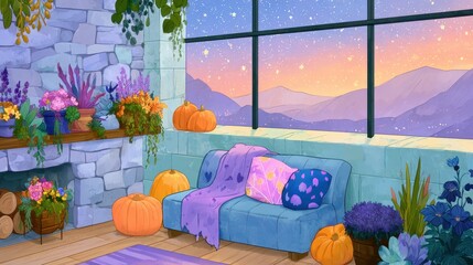 Obraz premium Cozy living room with pumpkins and flowers overlooking a starry mountain landscape