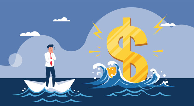 Businessman in a paper boat facing a giant dollar sign amidst rough waves, illustrating financial crisis, economic uncertainty, and market volatility.
