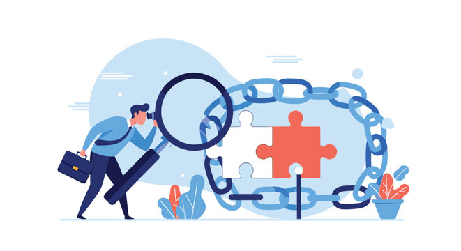 Businessman with a magnifying glass examining a broken chain with missing puzzle pieces, symbolizing problem-solving, identifying weaknesses, and strategic analysis.