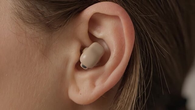 Close-up of a Hearing Aid in a Womans Ear for Health and Technology.