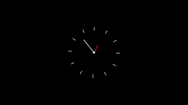 Clock icon animation with moving arrows in 12 hour loop on transparent background, stopwatch animation iconwith alpha channel, clock motion graphic 4k animation.