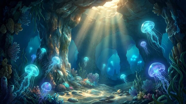 Bioluminescent Jellyfish Cavern With Sunlight Beams.