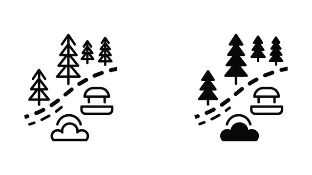 Simple black and white forest road icons with rain