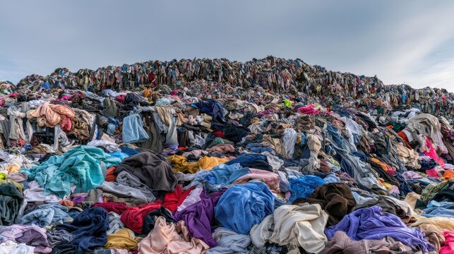 Massive pile of discarded clothing in a textile landfill symbolizing fast fashion waste and environmental pollution