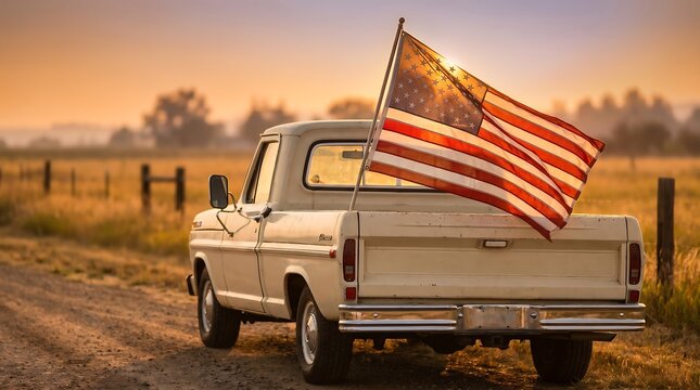 Vintage pickup truck with american flag in the back on a rural dirt road at sunset