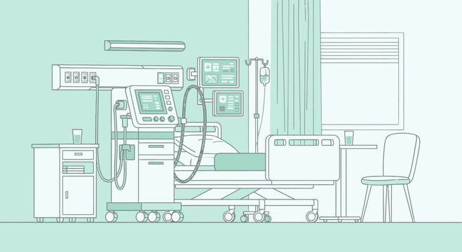 Hospital Room Depiction Featuring Advanced Medical Equipment, Ready for Healthcare Illustrations
