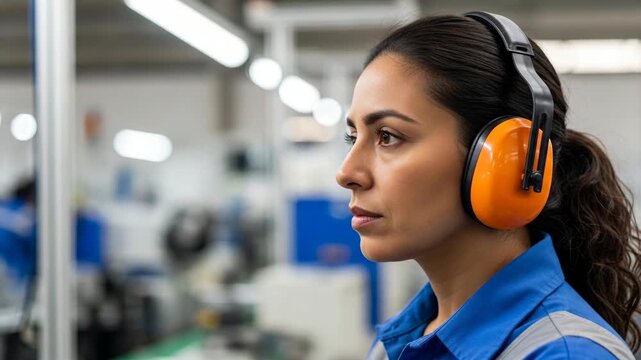Woman wearing protective headphones and working in manufacturing facility  