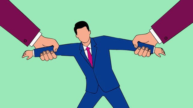 Businessman Torn Between Two Sides - Conflict, Dilemma, and Stress Concept