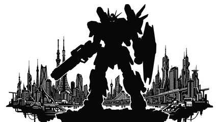 Giant robot silhouette stands tall over a futuristic city skyline at night © ClipsByAnderson