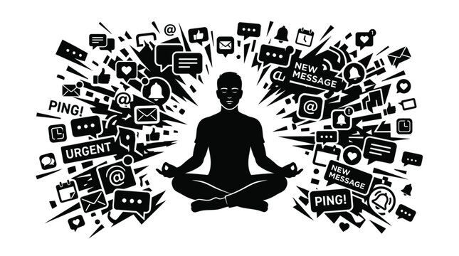 Person meditating finding inner peace amidst digital notifications and urgent messages