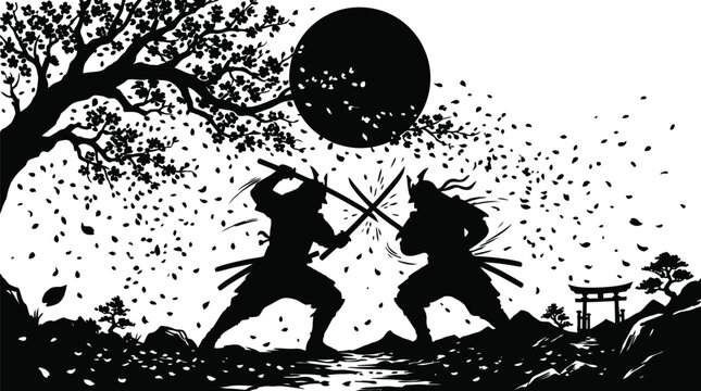 Two samurai warriors engaged in a fierce sword fight under a full moon and cherry blossoms