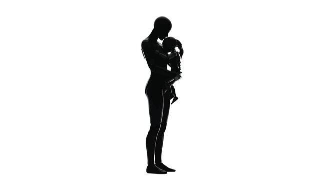 Silhouette of a robotic mother tenderly cradling her infant robot against a bright white background