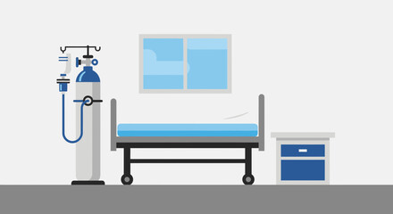 Fototapeta premium Hospital Room Depiction Featuring Bed, Oxygen Tank, Window, And Other Essential Medical