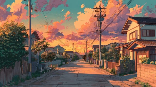 Peaceful Japanese Suburban Street at Sunset Anime Style Digital Illustration