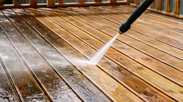 Pressure washing a wooden deck for home maintenance and restoration