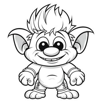 Black and white line art illustration of a cute, happy, cartoon troll character with spiky hair and big ears, smiling widely, perfect for a coloring book.