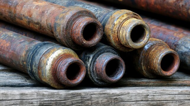 Rusty old industrial metal pipes resting on wooden planks