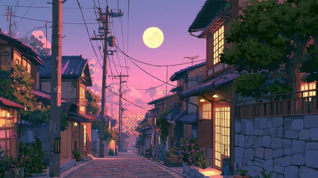 Serene traditional Japanese neighborhood street at twilight under a full moon, anime aesthetic digital illustration