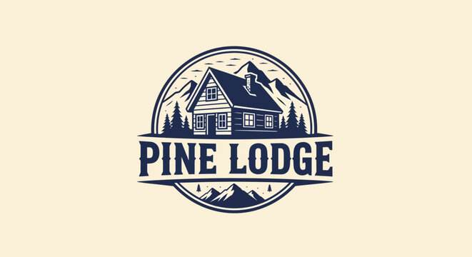 Vintage Pine Lodge Logo with Mountain and Forest Elements.