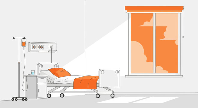Hospital Room Depiction Featuring Hospital Bed, Window, And Orange Toned Color Scheme