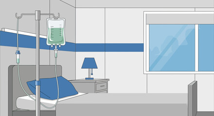 Fototapeta premium Hospital Room Depiction Featuring Intravenous Drip, Bed, And Modern Interior Design