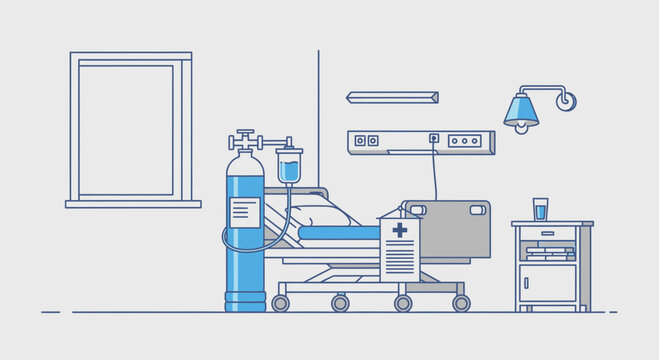 Hospital Room Depiction Featuring Medical Equipment and Patient Bed with Oxygen Cylinder