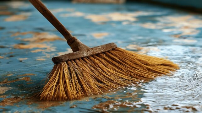 Traditional straw broom sweeping mud and water from a blue floor, cleaning and restoration concept