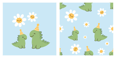 Cute dinosaur seamless pattern for kids with daisy flowers and party hat illustration. © Thanawat