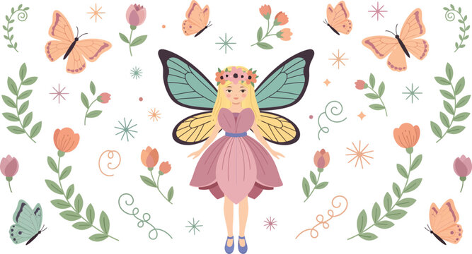 Whimsical fairy princess with butterfly wings surrounded by colorful flowers and butterflies in a magical garden scene with floral patterns