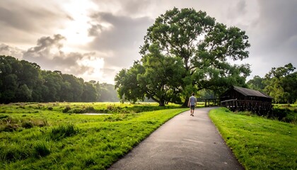 Obraz premium Man Walking On A Paved Path In A Lush Green Park Landscape With A Large Tree And Rustic Wooden Bridge Under A Dramatic Cloudy At Sunset