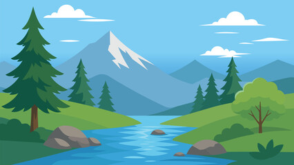 Fototapeta premium Peaceful vector landscape with a flowing river, evergreen forest, and mountain scenery in a flat cartoon style