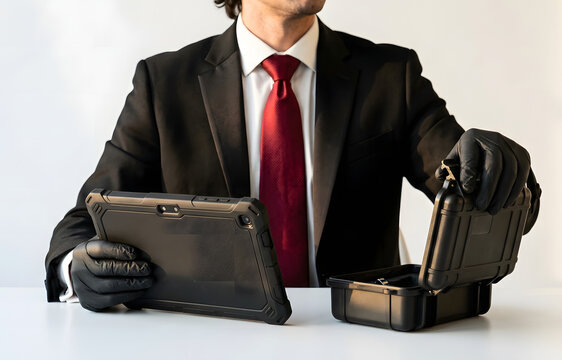 Covert Operative Opening Tactical Briefcase and Holding Rugged Tablet, Anonymous Spy in Tuxedo and Black Gloves, Secret Mission Equipment Concept.