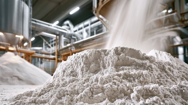 White powder pouring onto a large heap in a modern industrial processing factory or manufacturing plant.
