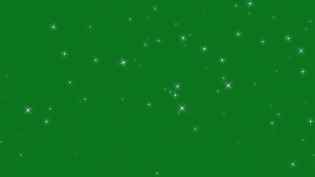 Glowing white sparkle particle trail with magic glitter stars, shimmering fairy dust burst, blinking twinkle lights, seamless cartoon starlight overlay animation on green screen background. 4K