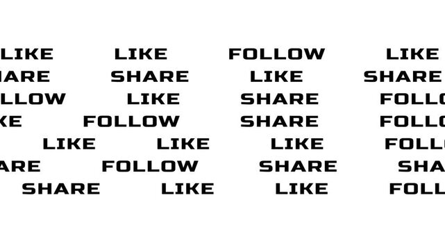 Dynamic "Like, Share, Follow" text animates across a clean white background. This modern digital overlay encourages social media engagement, urging viewers to interact with your content.