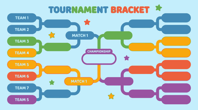 A vibrant tournament bracket illustration displays various teams competing in matches leading to the championship.